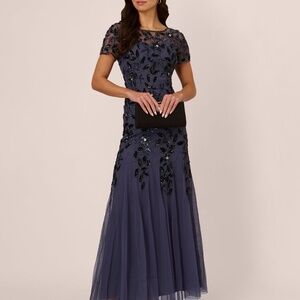 Adrianna Papell Hand Beaded Short Sleeve Floral Godet Gown In Smoky Peri Size 12